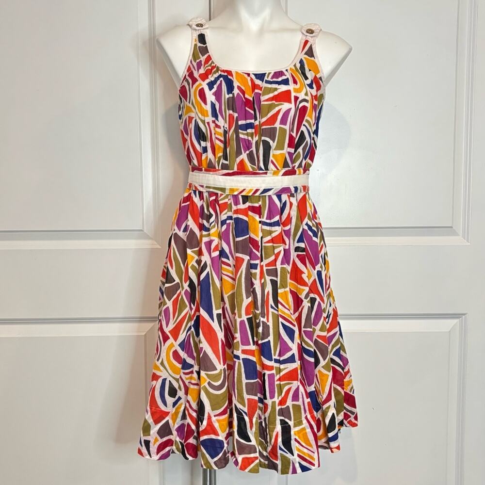 French Correction Colorful Print Sleeveless Belted Cotton Fit Flare Dress 6